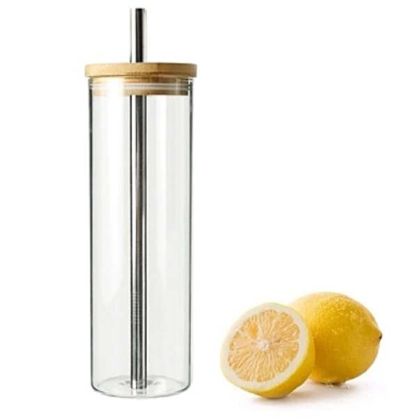 Glass drinking bottle 450ml Bamboo lid with Straw